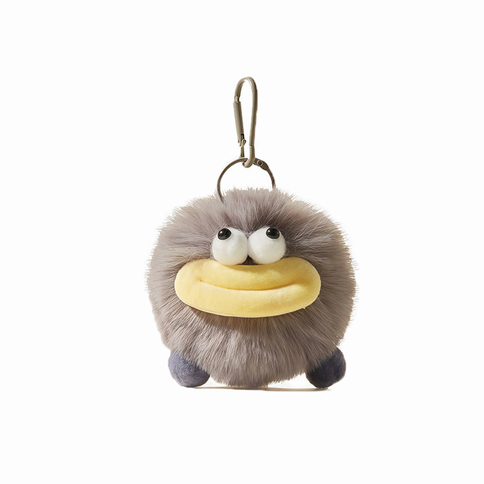 Grey furry big mouth coal bag charm, quirky plush character keychain