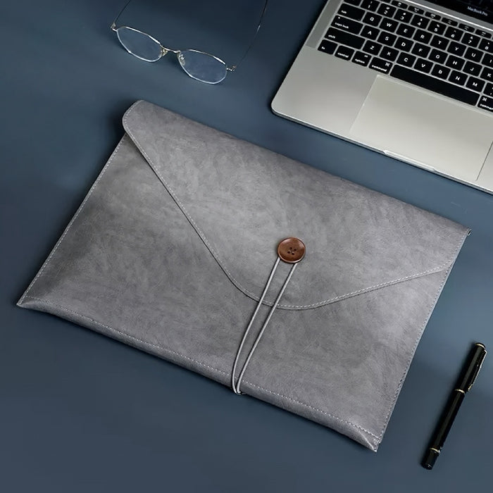 Folded view of Buttoned Leather File Folder bag in gray, easy for commuting and weekends.