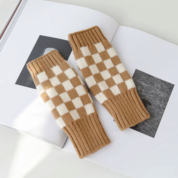 Tan checkered fingerless gloves; versatile earth-tone accessory, ideal as a warm winter birthday gift.