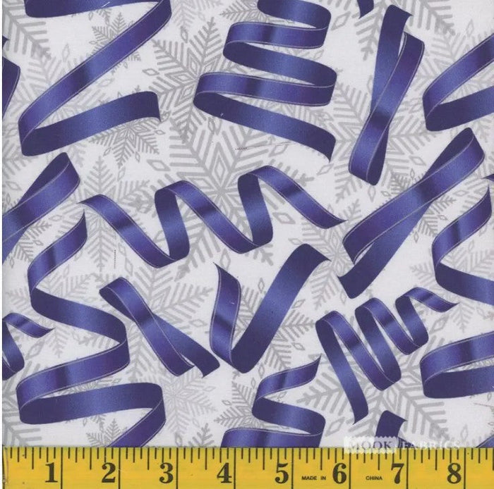 Christmas Blue Ribbons Silver Snowflakes on Cream 100% Cotton Fabric By the yard
