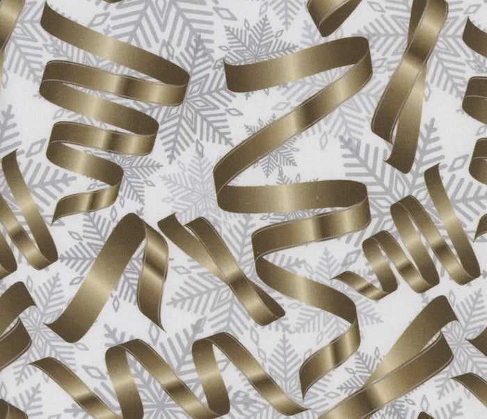 Christmas Gold Ribbons Silver Snowflakes on Cream 100% Cotton Fabric By the yard