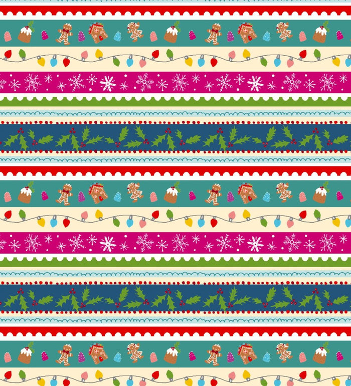 Christmas Hollidazzle Border Stripe on White Price per Yard