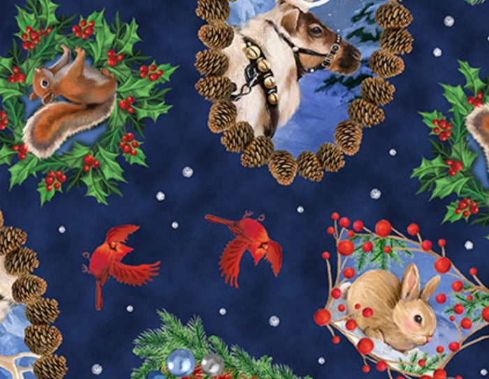 Christmas Santa and Animal Portrait Toss on Blue 100% Cotton Price per Yard