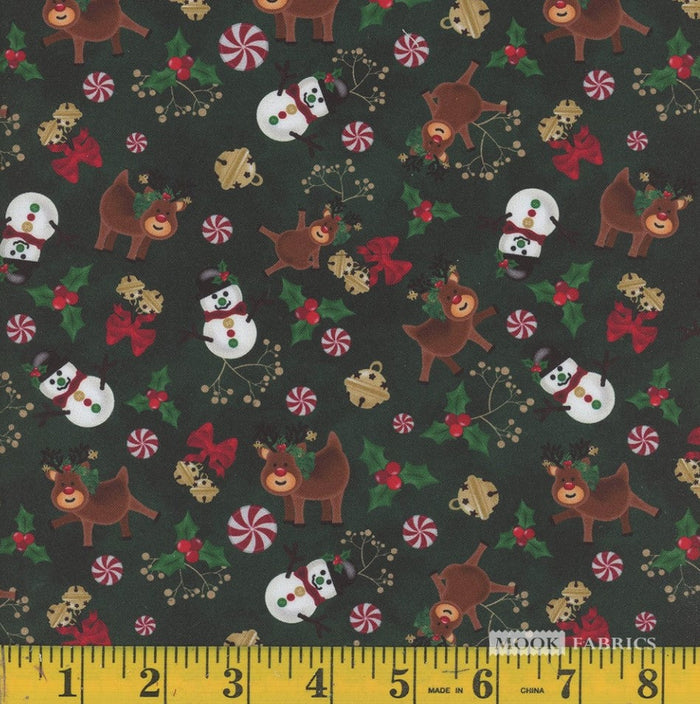 Christmas Snowmen Reindeer Bells Candy on Green 100% Cotton Price per yard