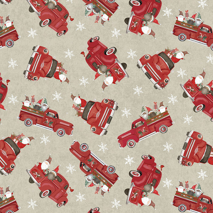 Christmas Truck And Gnome on Beige Let It Snow 100% Cotton Fabric