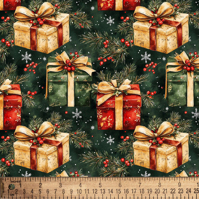 Christmas Wrapped Gifts Pine Branches on Green