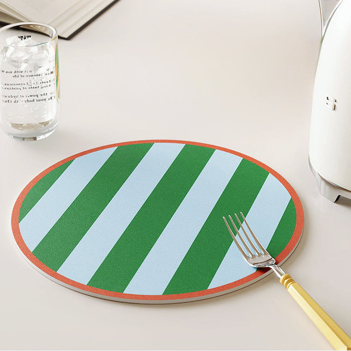 Front view of Colorful Striped Coaster/Hot Pad product in green and light blue.