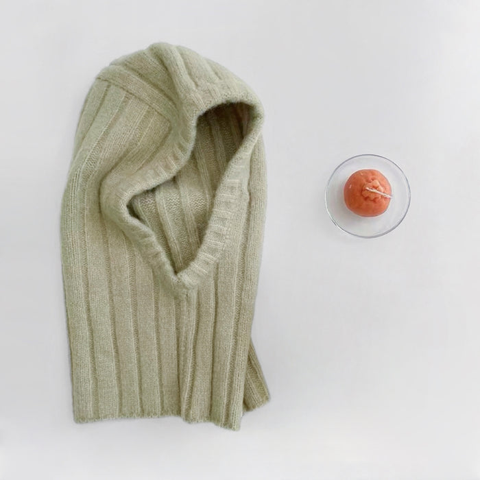 Front view of green ribbed knit balaclava hat. Vibrant earthy tone designed for a snug and stylish fit.