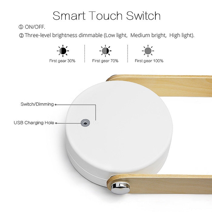 Close-up of the Creative Lantern Lamp's white base with smart touch switch, USB charging hole, and wood accents.