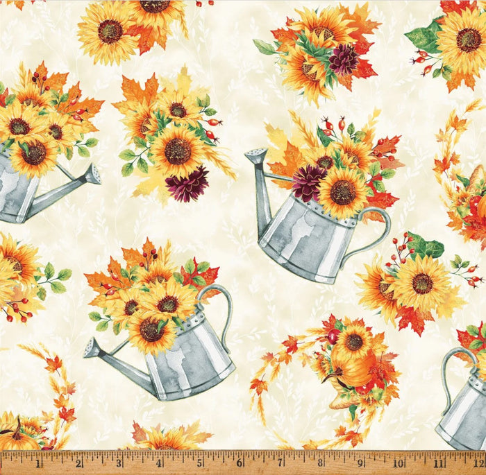 Fall Blooms Metallic Flowers in Watering Can on Cream 100% Cotton Sold by the Yard