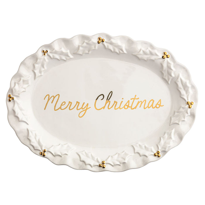 Gold Holly Merry Christmas Platter