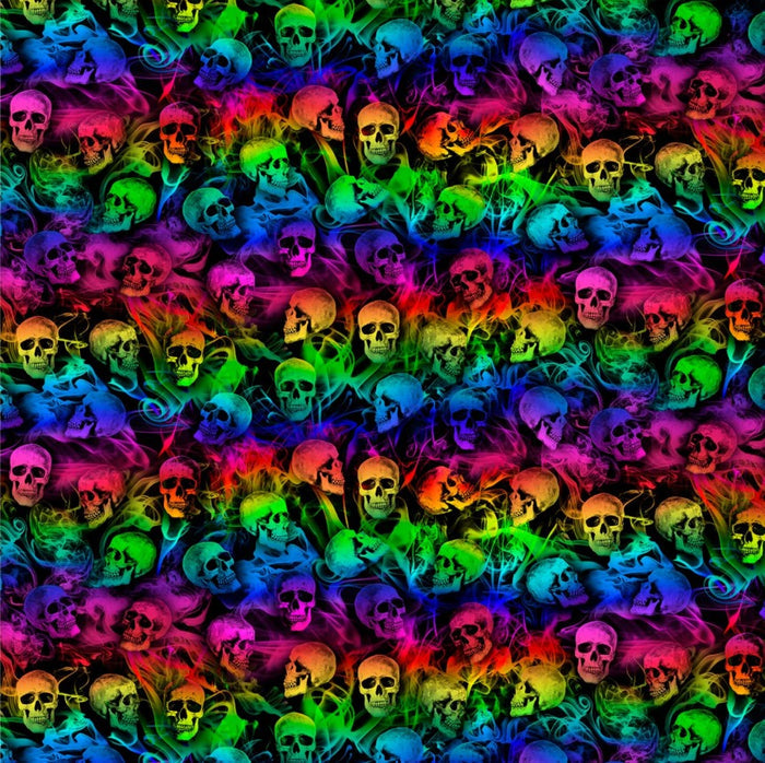 Halloween Batik Smokey Rainbow Skulls on Black