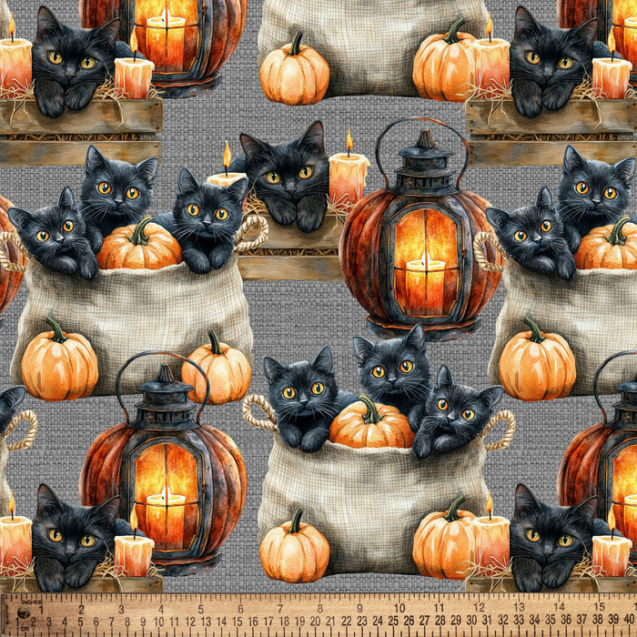 Halloween Black Cats in Burlap Bags on Gray 100% Cotton