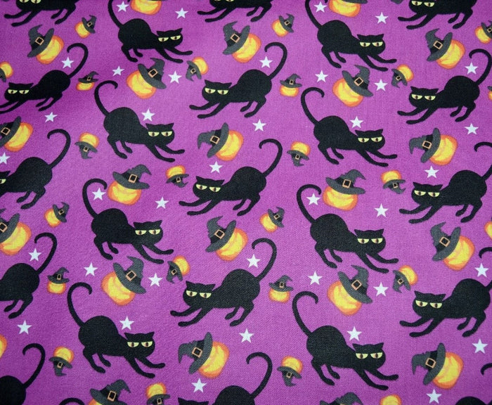 Halloween Spooky Black Cats and Tossed Pumpkins on Purple 100% Cotton Fabric