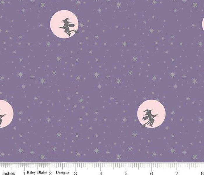 Halloween Starry Night Witch Moon Lilac on Purple Sparkle 100% Cotton Price Per Yard