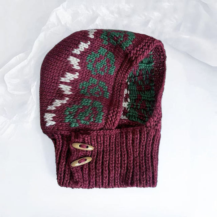 Front view of Jacquard Knitted Balaclava in burgundy, knitted from fine wool with striking patterns for winter style.