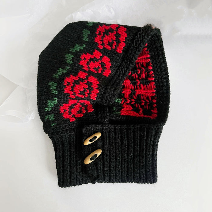 Front view of Jacquard Knitted Balaclava in black, featuring an intricate natural wool knit for sleek winter gear.