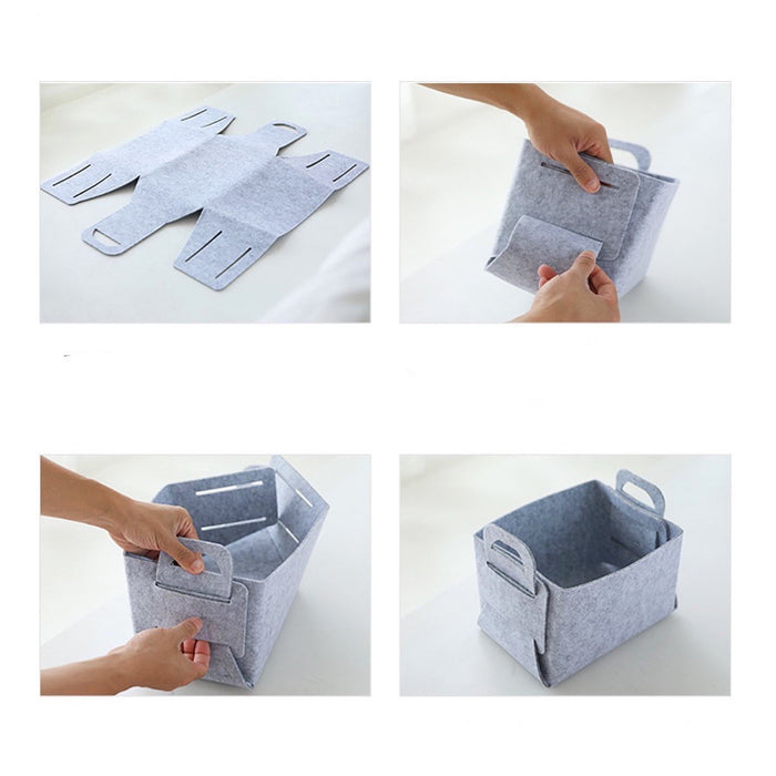 Four-step visual guide showing how to assemble the foldable felt basket.