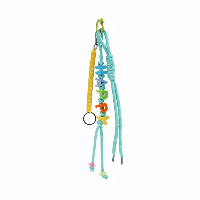 Flat lay of Letters Bag Charm with LUCKY letters and blue ropes , great for everyday styling and gifting.