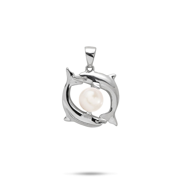 19mm Pick A Pearl Circling Dolphins Pendant in Sterling Silver with a White Pearl on a white background