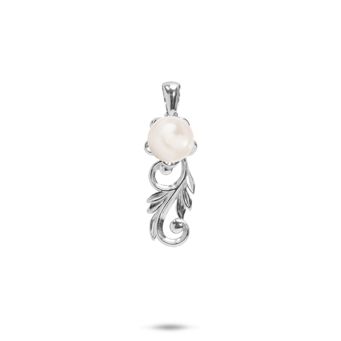 25mm Pick A Pearl Hawaiian Heirloom Plumeria Pendant in Sterling Silver with a White Pearl against white