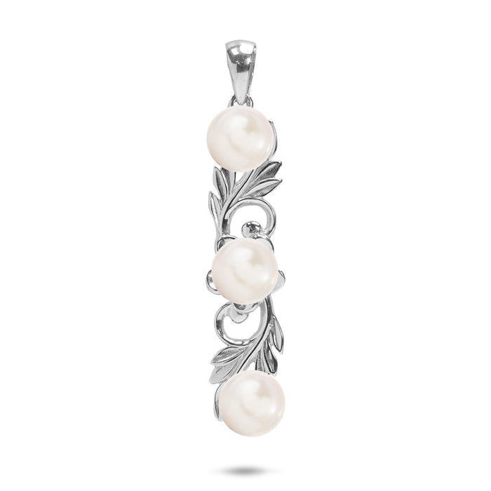 33mm Pick A Pearl Hawaiian Heirloom Plumeria Pendant in Sterling Silver with Three White Pearls against white