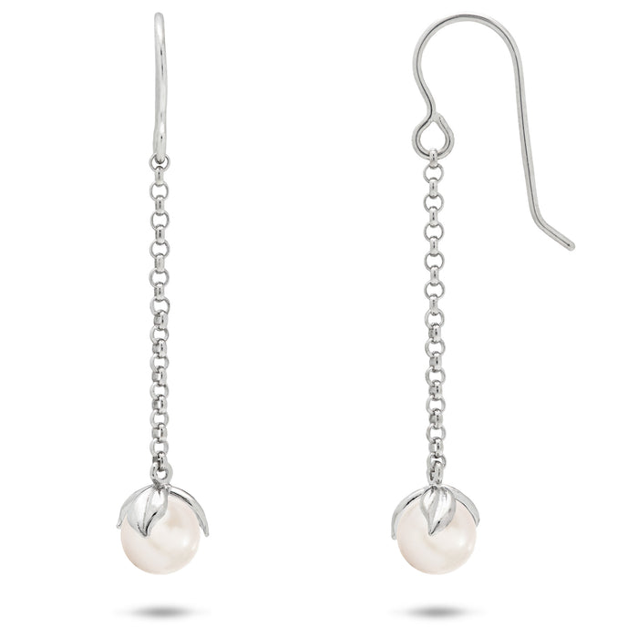 A pair of sterling silver shepherd hook earrings, short chain leading to Maile leaves holding Freshwater White Pearls on a white background