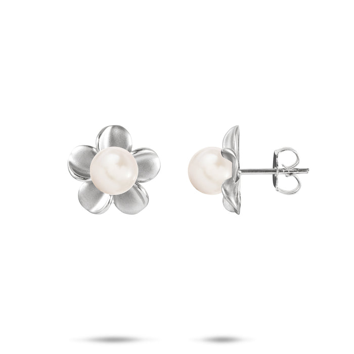 13mm Pick A Pearl Plumeria Earrings in Sterling Silver with White Pearls on a white background