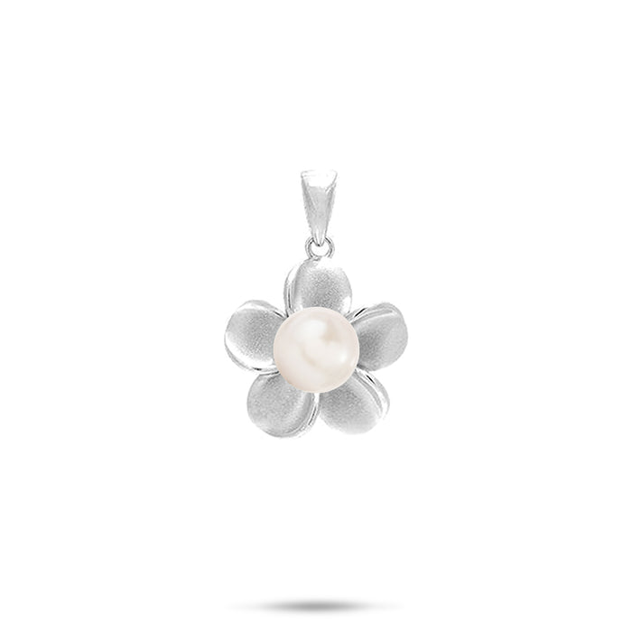 15mm Pick A Pearl Plumeria Pendant in Sterling Silver and a White Pearl on a white background