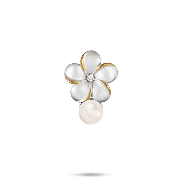 15mm Pick A Pearl Plumeria Pendant in Sterling Silver and Gold with a Cubic Zirconia and White Pearl on a white background