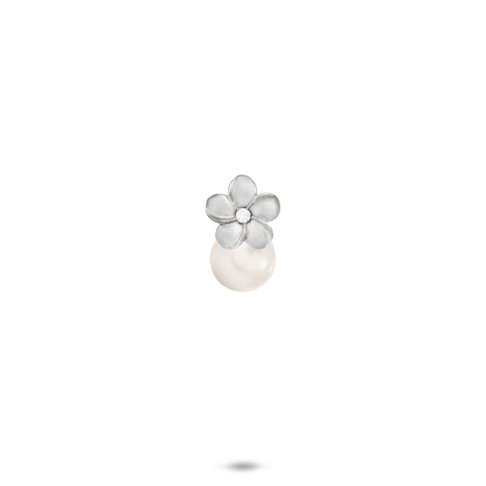 8mm Pick A Pearl Plumeria Pendant in Sterling Silver with a Cubic Zirconia and White Pearl on a white background