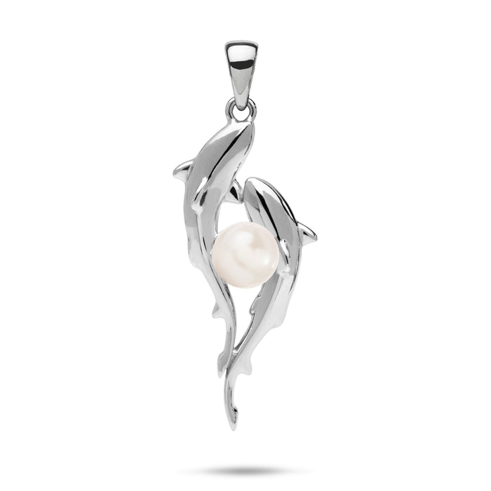 33mm Pick A Pearl Shark Pendant in Sterling Silver with a White Pearl on a white background
