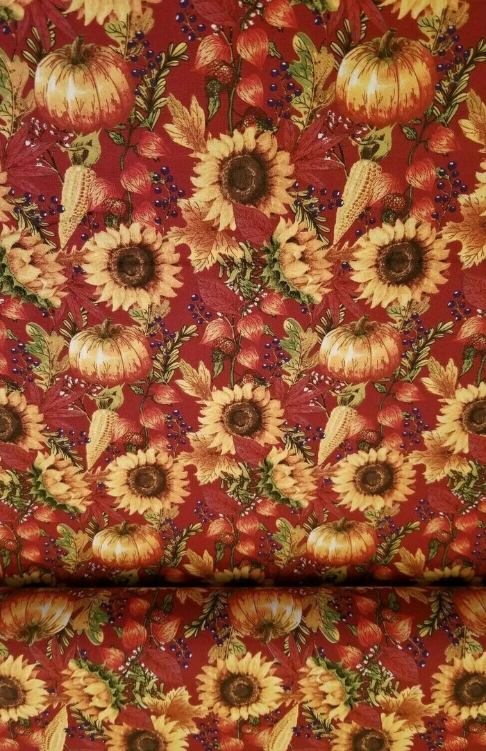 Pumpkins and Sunflowers on Burgundy 100% Cotton Fabric