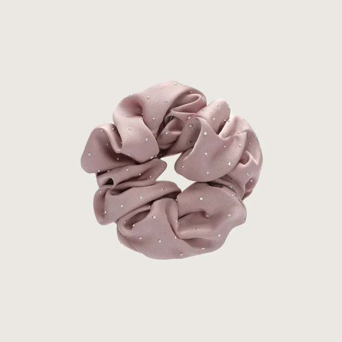 Front view of Satin Scrunchie With Rhinestones in mist pink, easy for workdays and special occasions.