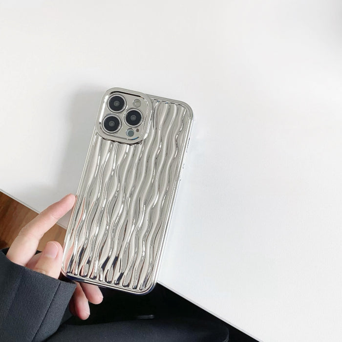 Front view of Silver Water Ripple Case. Shimmering metallic finish on a dynamic 3D ripple frame.