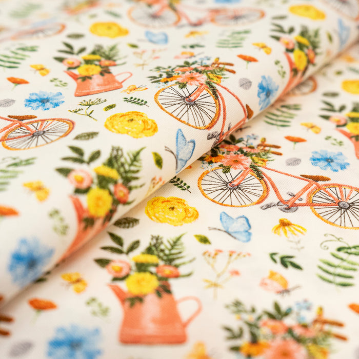 SINGER® Fabric, 100% Cotton, 44 Inch Wide, Bikes And Gardening White, Cut by the Yard