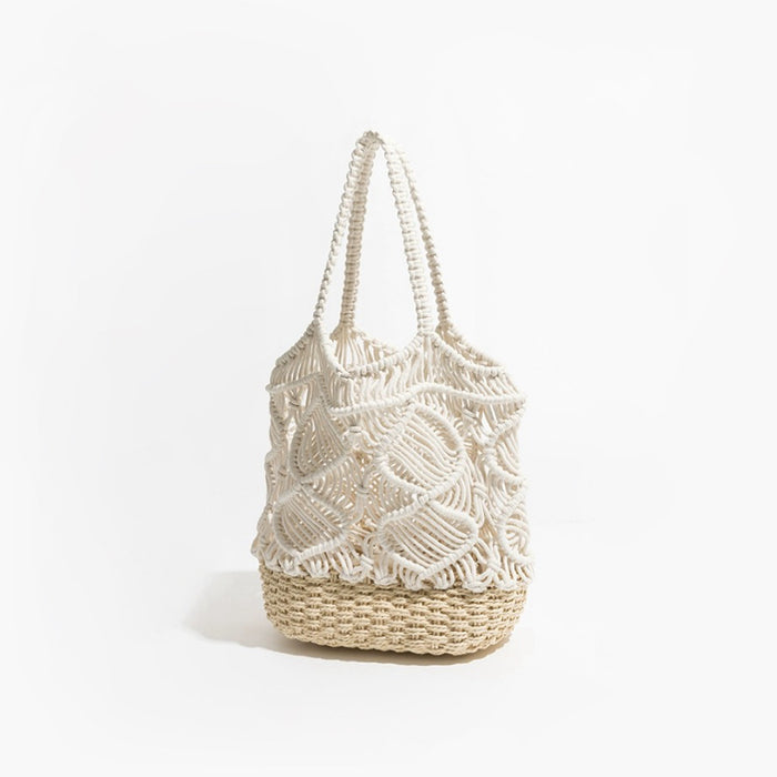 Front view of Spiral Pattern Hollow Crochet Bag in white, ideal for errands and gifting.