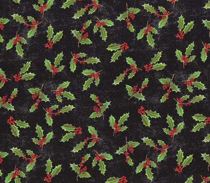 Touch of Splendor Holly on Black 100% Cotton Price per Yard