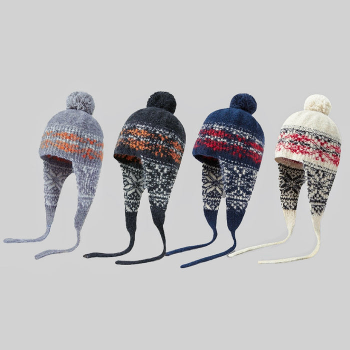 Front view of Winter Isle Ear Flap Hat, highlighting traditional patterns and a soft-touch wool-acrylic finish.