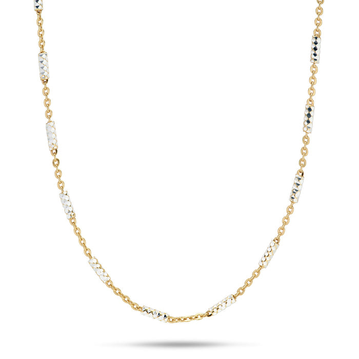 1.0mm Tube Chain in Yellow Gold and Sterling Silver on a white background
