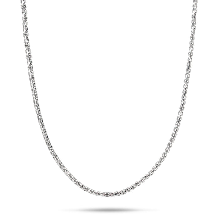 1.2mm Round Box Chain in Sterling Silver on a white background