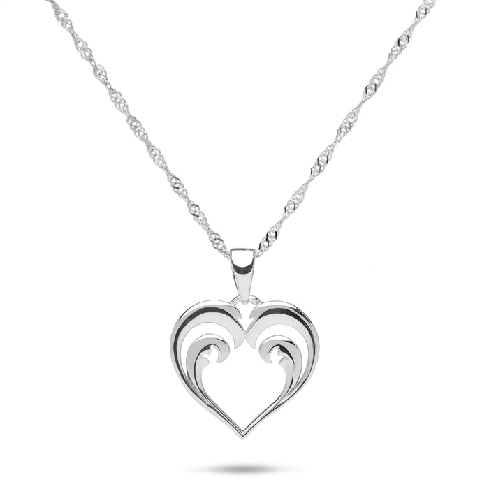 Nalu (Wave) Heart-shape Pendant in Sterling Silver with a high-polish finish on a 0.6mm Siongapore Chain on a white background
