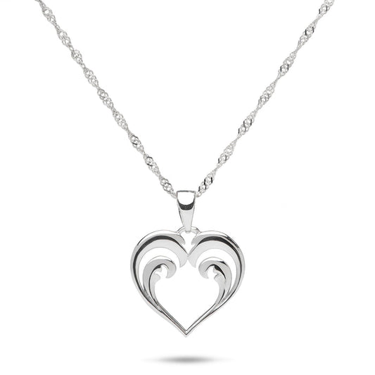 Nalu (Wave) Heart-shape Pendant in Sterling Silver with a high-polish finish on a 0.6mm Siongapore Chain on a white background