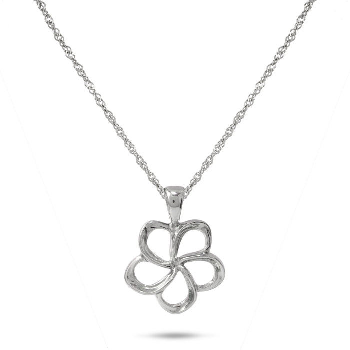 18" Plumeria Pendant Necklace in Sterling Silver on a White Background