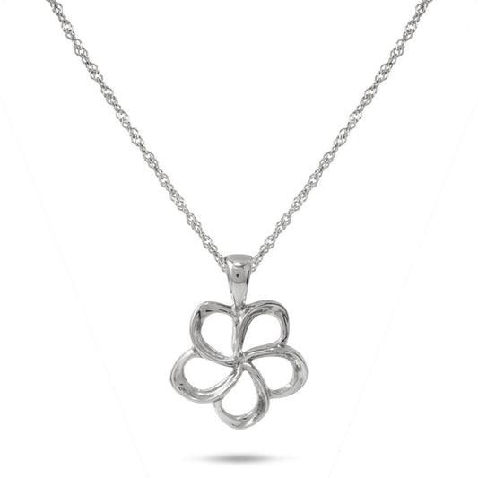18" Plumeria Pendant Necklace in Sterling Silver on a White Background