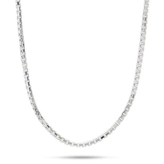 1.5mm Round Box Chain in Sterling Silver on a white background