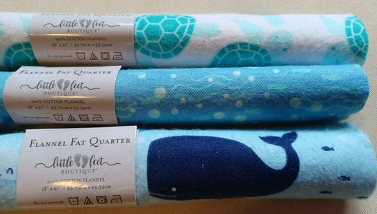 3 Flannel Fat Quarters Sealife Little Feet Boutique Blue White 18" x 21" Baby