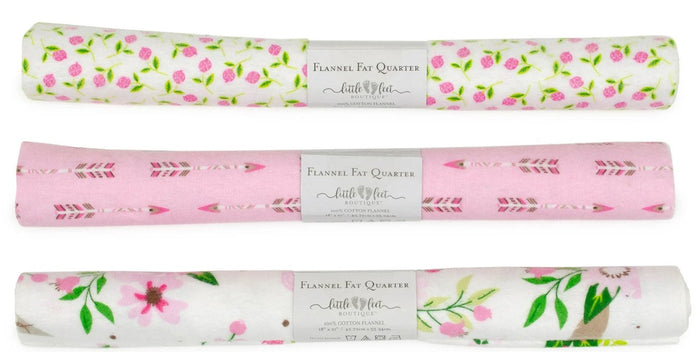 3 Flannel Fat Quarters Wild and Free Little Feet Boutique Pink White 18" x 21"  Baby
