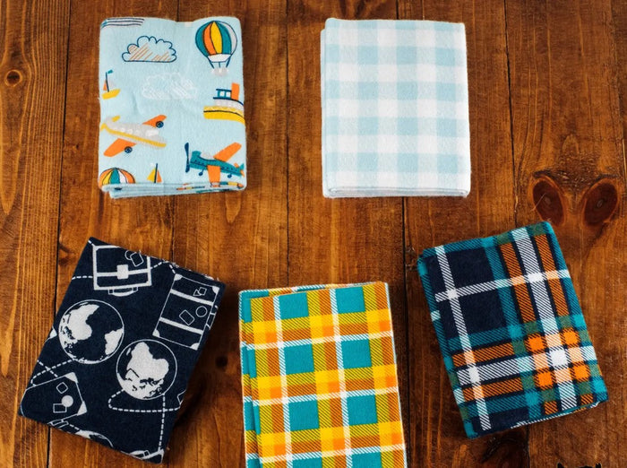 5 Flannel Fat Quarters Adventure Awaits Blue Gray Yellow 18" x 21" Baby