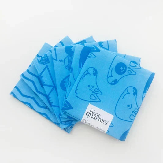 6 Fat Quarters - 3 Prints x 2 of Each Aqua Dogs 100% Cotton Precut Blue